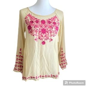 Sundance 100% Silk Butter Yellow Pink Embroidered Blouse Size XS